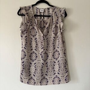 Cabi Style 3074 Blue and Cream Flutter Sleeve Damask Blouse Small